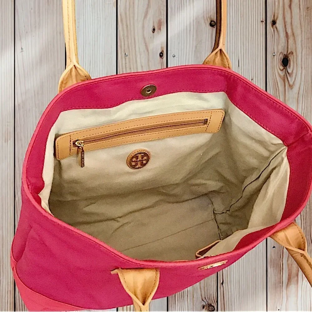 TORY BURCH RED COATED CANVAS TOTE TRAVEL, VACATION SHOPPING SCHOOL HANDBAG